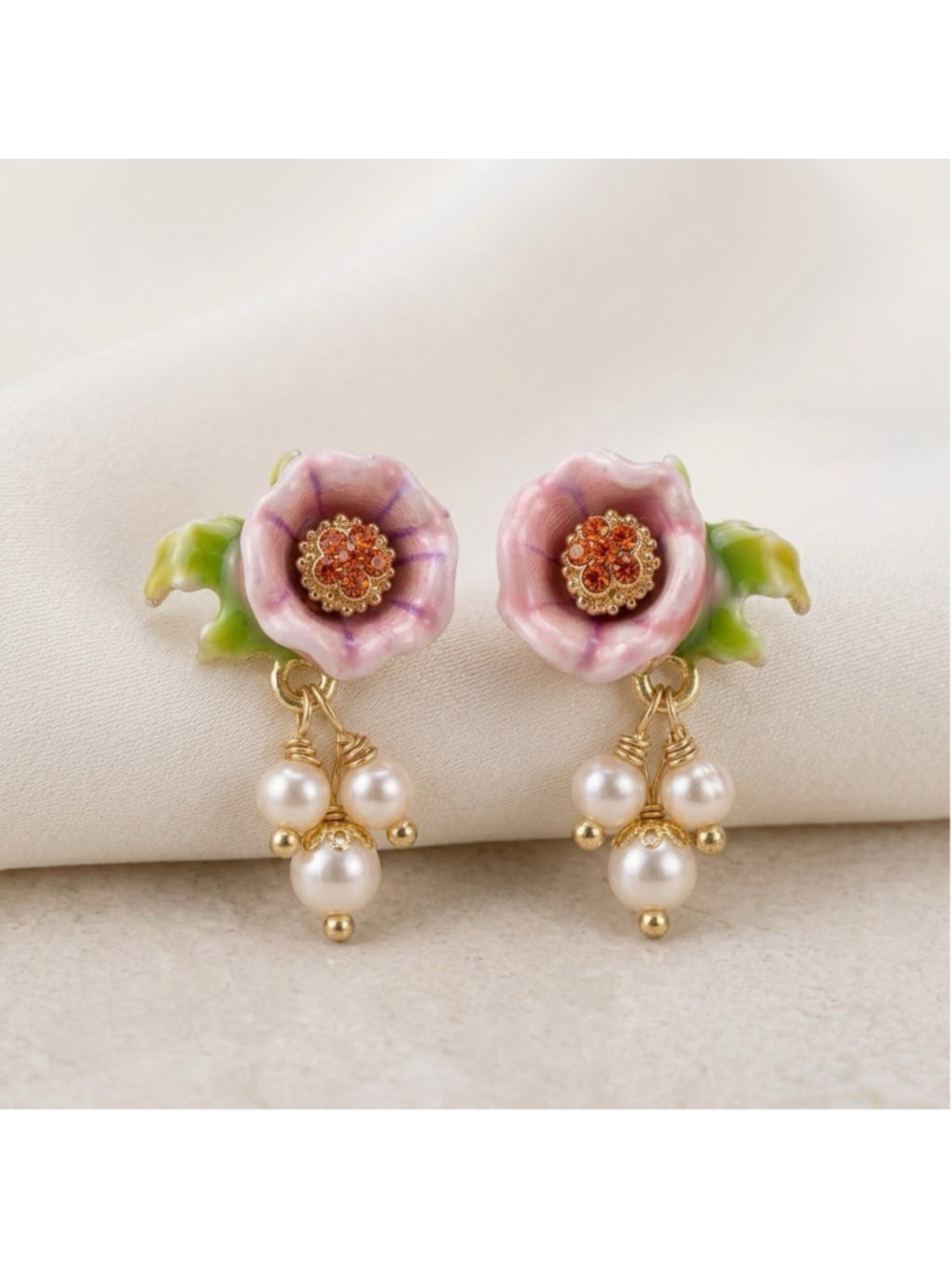 Flower Earrings Pearl Enamel Stud CZ Gold Leaf Blossom French Cottagecore Fairy